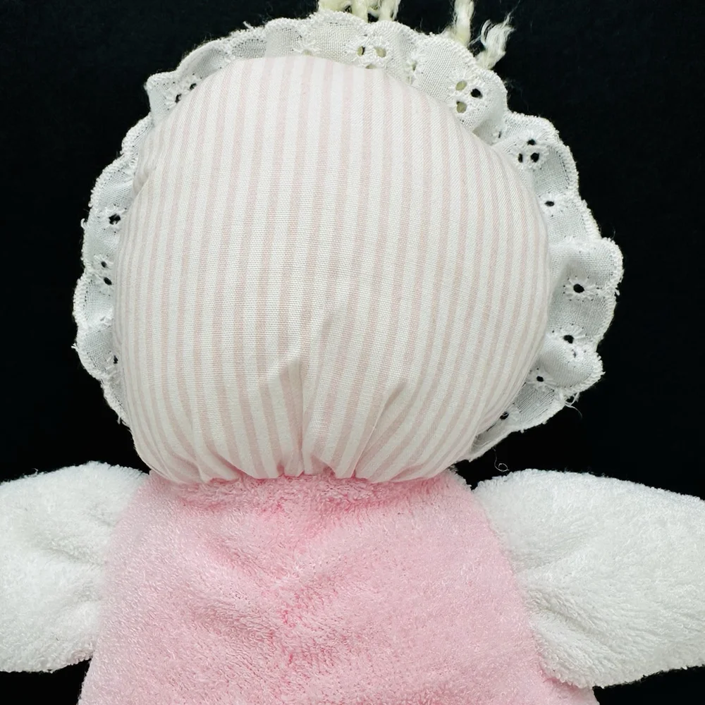 Vintage Eden Pink White Doll Terry Cloth Blue Eyes Bonnet Lace Soft Plush 10”Toy - Picture 6 of 11